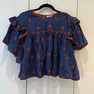Farm Rio Blue & Red Ruffled Top with Red Strawberry Print 🍓🍓🍓
